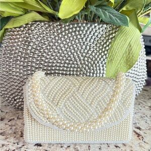 Vintage La Regale Pearl Beaded Envelope Clutch - Mid-Century Ivory Evening Bag